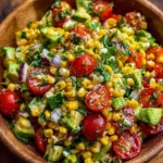 Colorful Summer Corn Salad with fresh vegetables and dressing