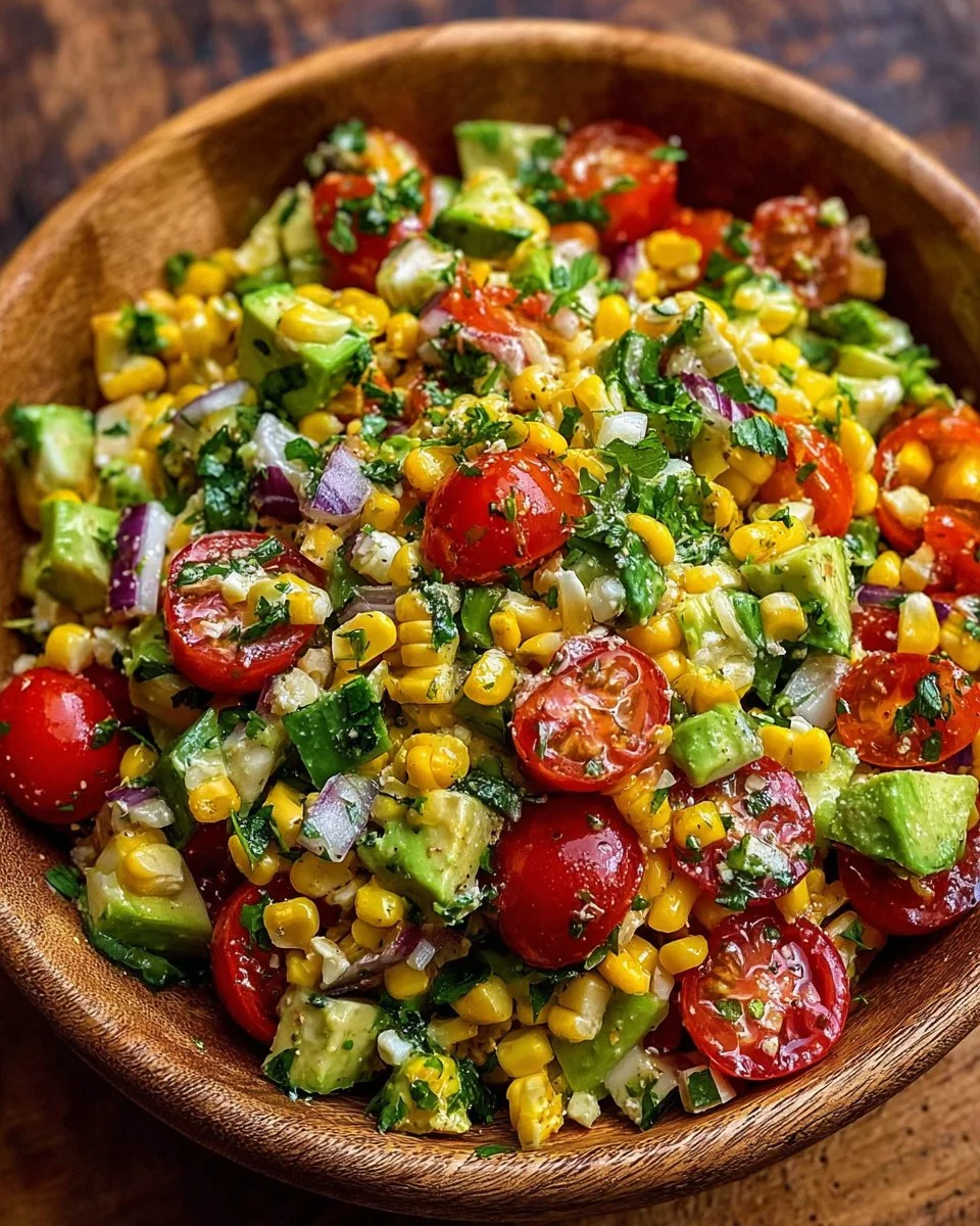 Colorful Summer Corn Salad with fresh vegetables and dressing