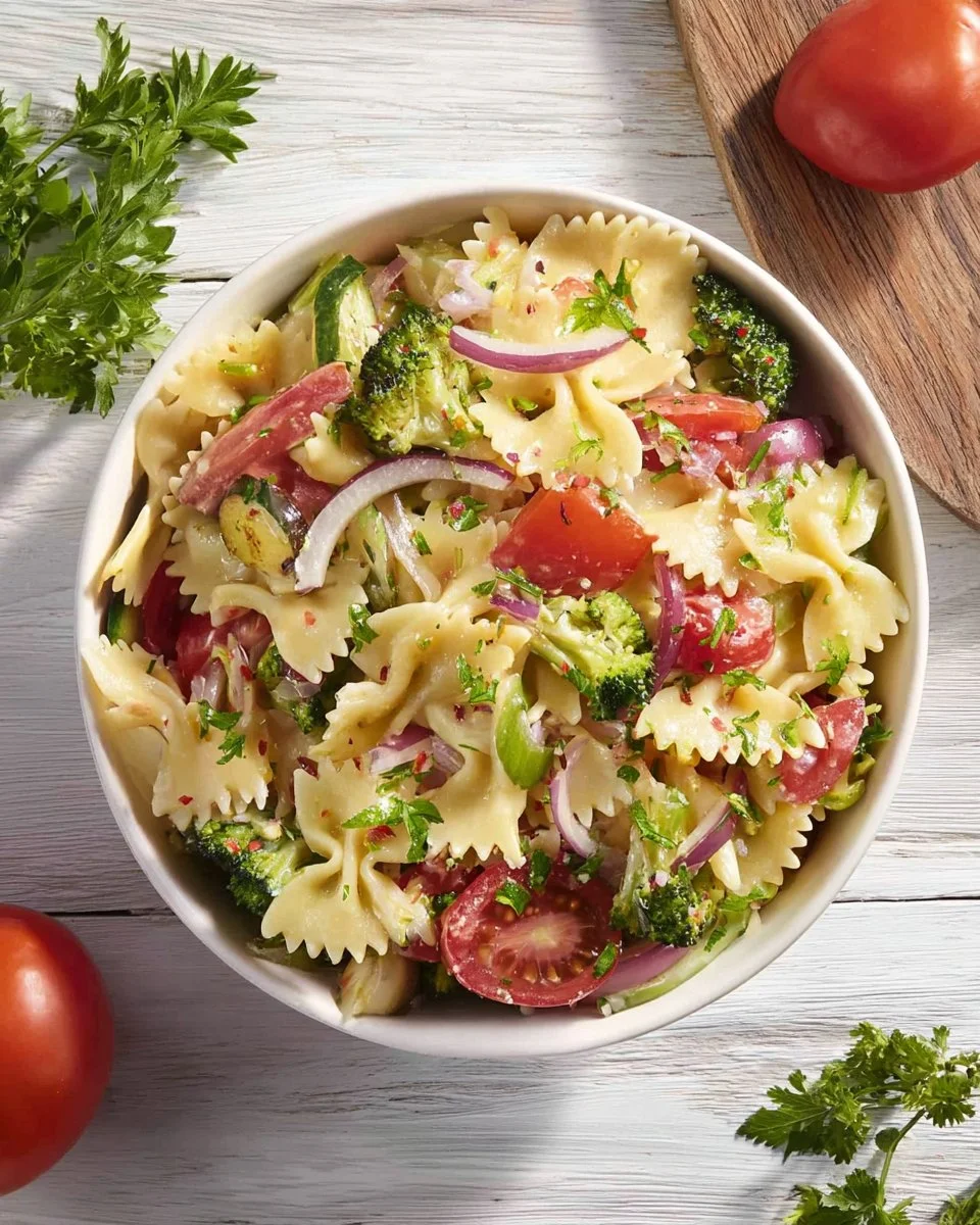 Bowl of summer vegetable pasta salad with fresh vegetables and herbs