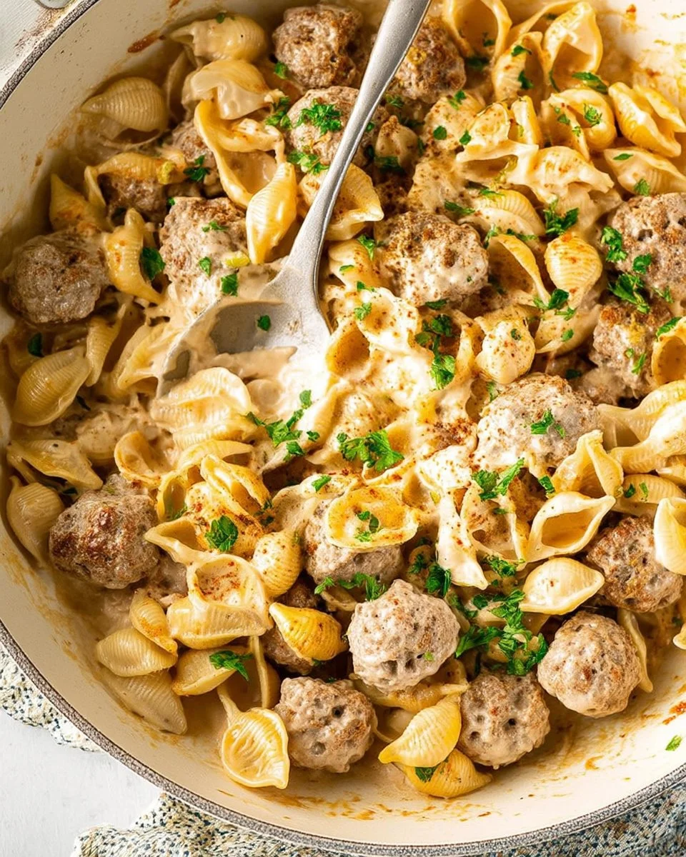 Delicious bowl of Swedish Meatball Pasta with creamy sauce and herbs