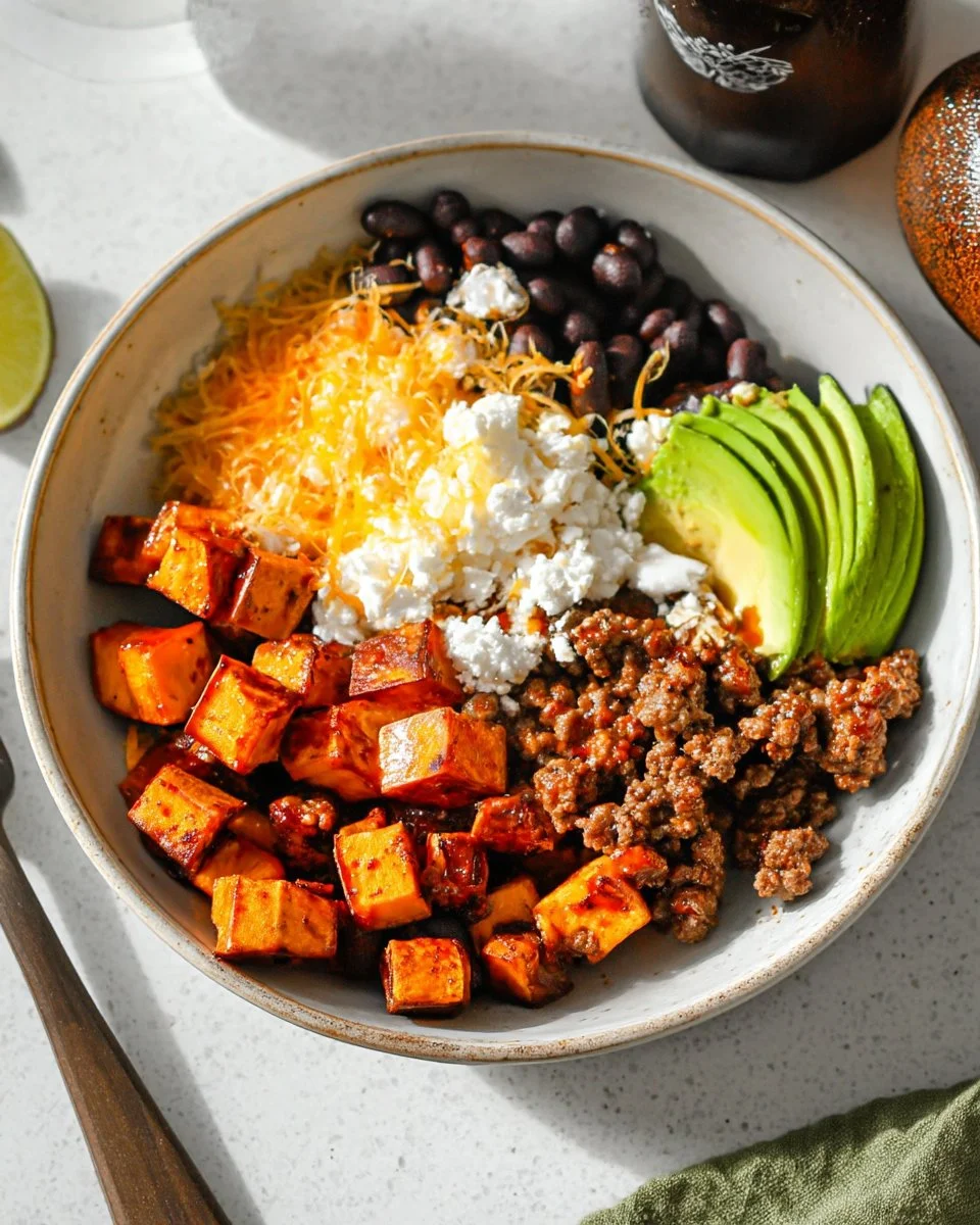 Sweet Potato Beef Bowl with Hot Honey garnished and ready to serve