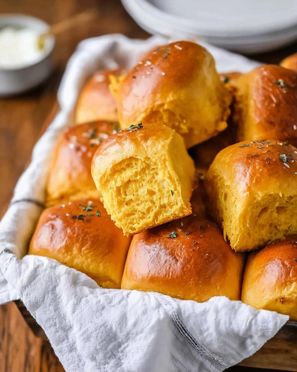 Freshly baked sweet potato dinner rolls on a wooden table