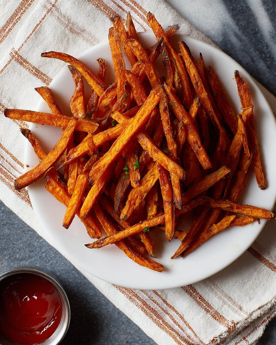 Crispy baked sweet potato fries served on a plate