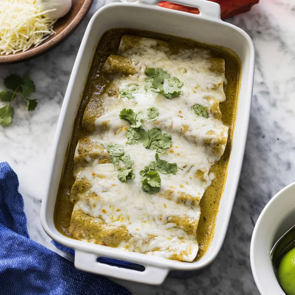 Delicious Swiss Enchiladas served with cheese and fresh ingredients on a plate.