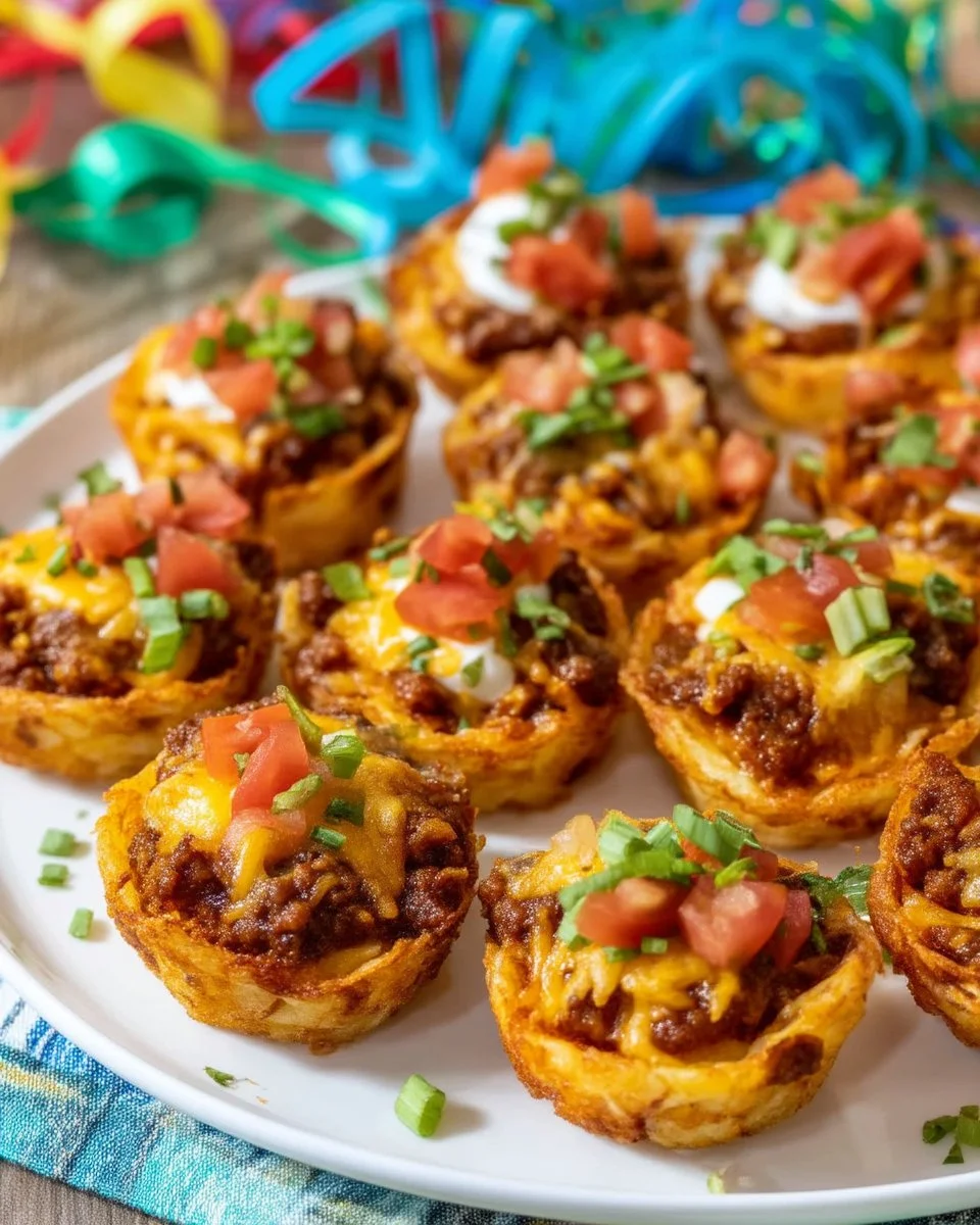 Taco Tater Tot Cups garnished with toppings in a serving dish