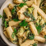 Bowl of creamy tahini pasta garnished with herbs and spices
