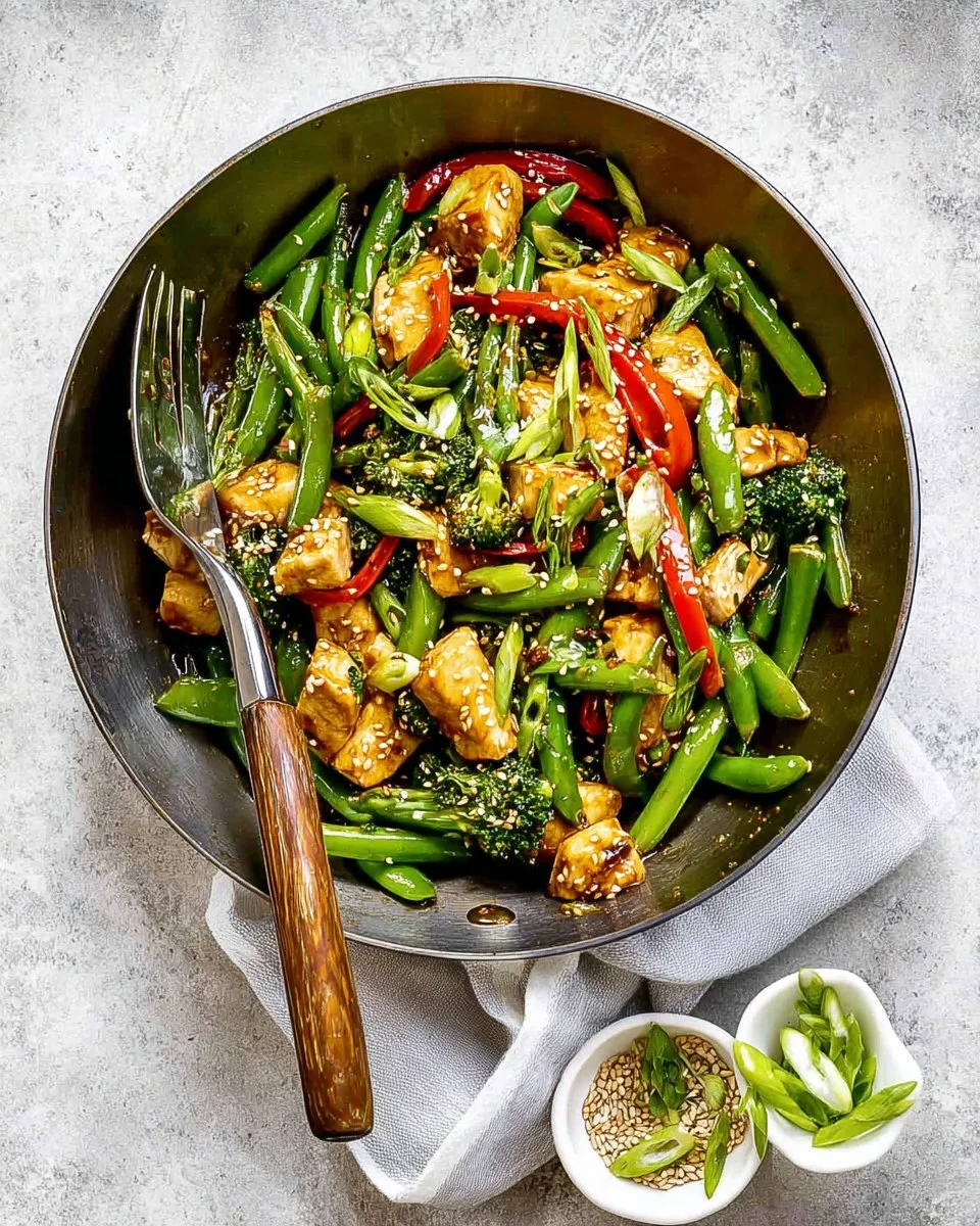 Colorful teriyaki stir fry with vegetables and chicken in a bowl