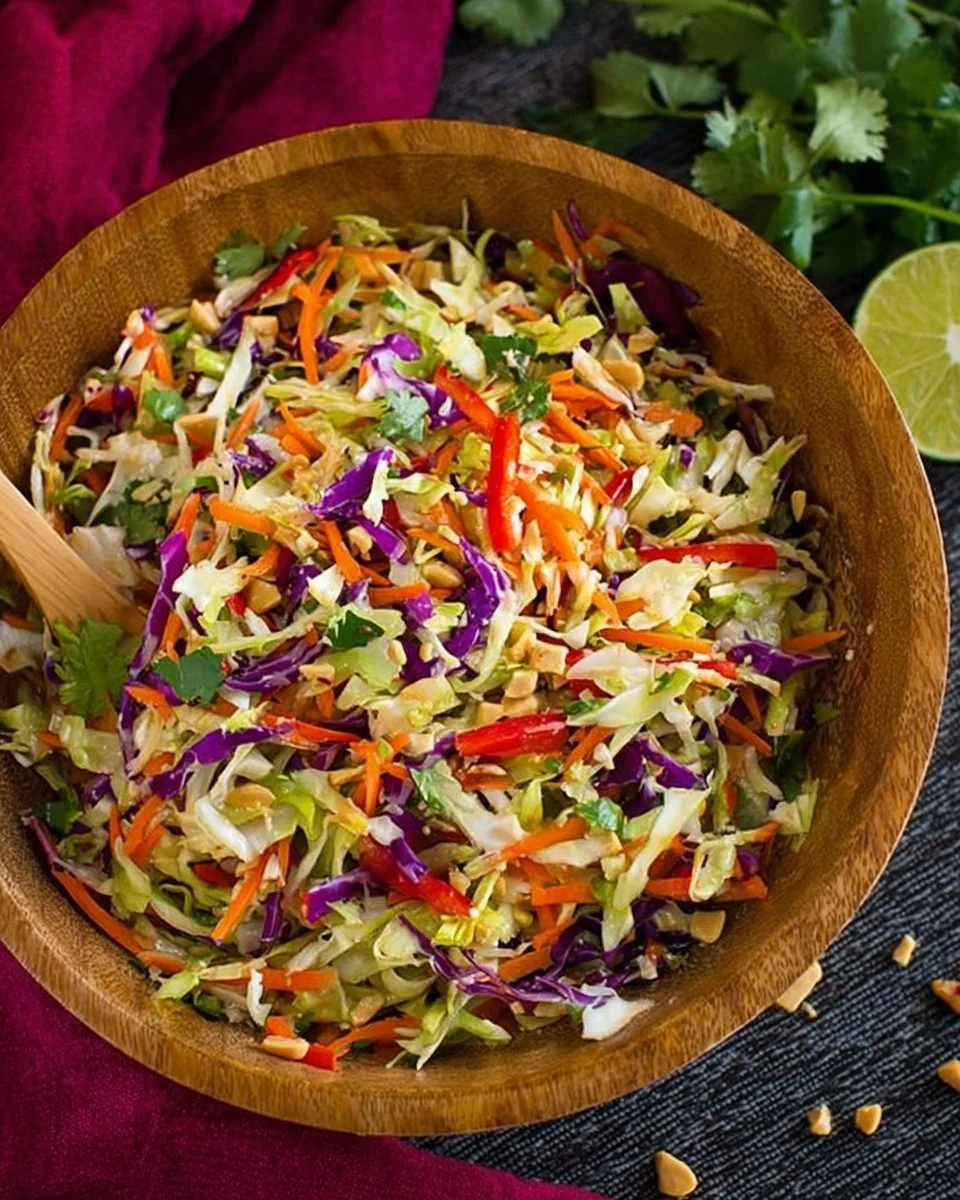 Colorful Thai Slaw topped with creamy peanut dressing in a bowl.