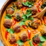 Thai turkey meatballs in coconut curry sauce served in a bowl