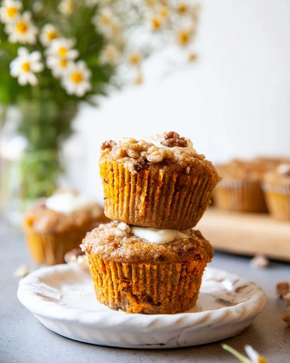 Freshly baked healthy carrot cake muffins on a wooden table
