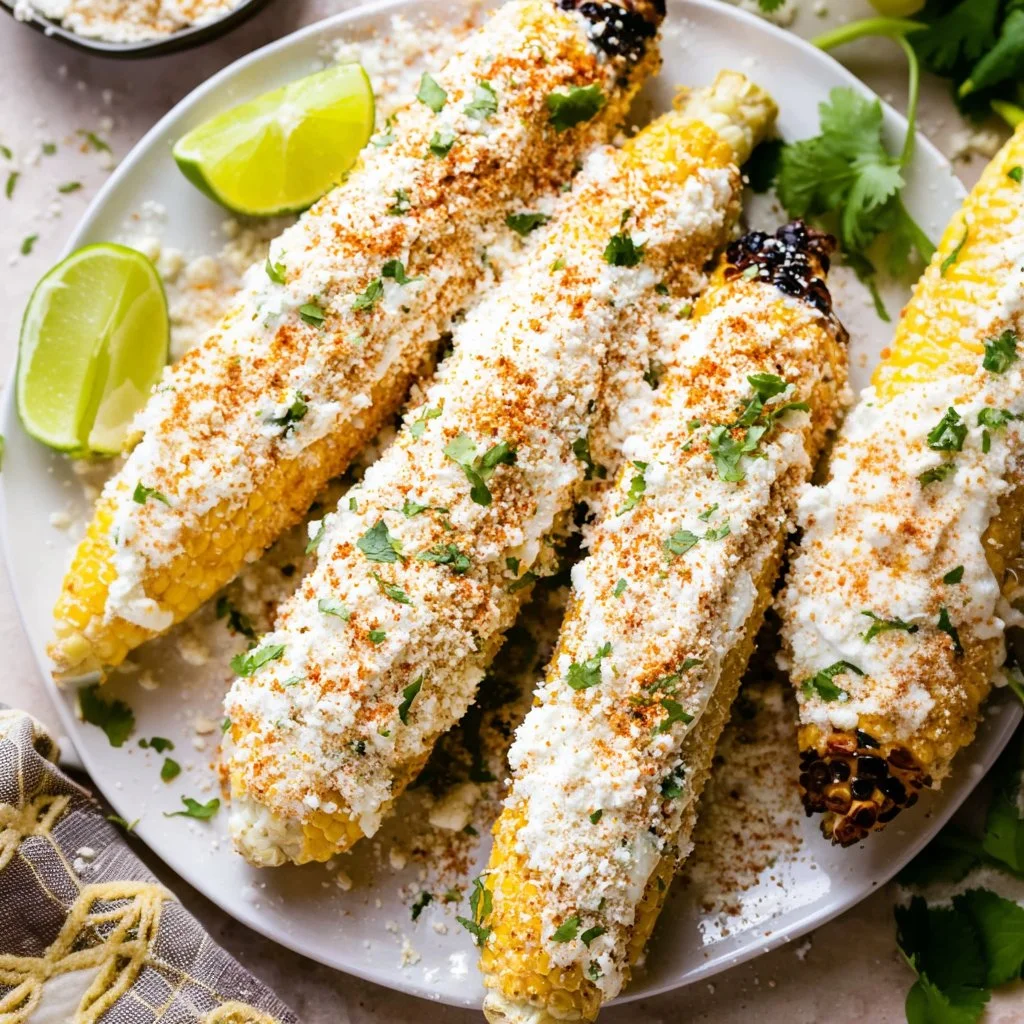 Delicious Mexican street corn elote topped with cheese and spices