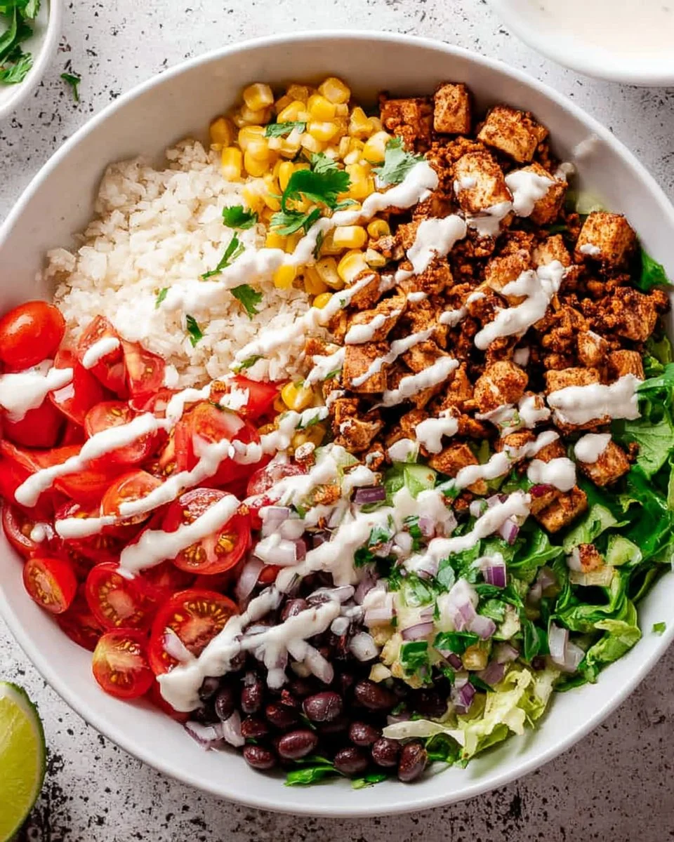 Delicious tofu burrito bowl with fresh vegetables and spices