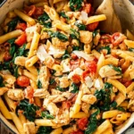 Delicious Tomato Spinach Chicken Pasta served with fresh basil and cheese