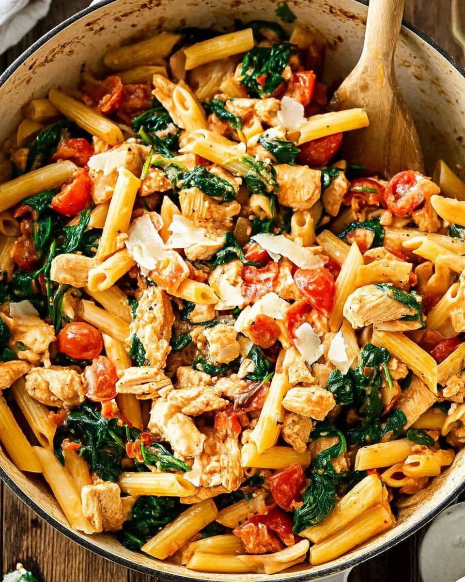 Delicious Tomato Spinach Chicken Pasta served with fresh basil and cheese