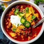 Homemade Turkey Chili served in a bowl with garnishes