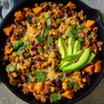 Delicious Turkey Chili Skillet topped with fresh ingredients