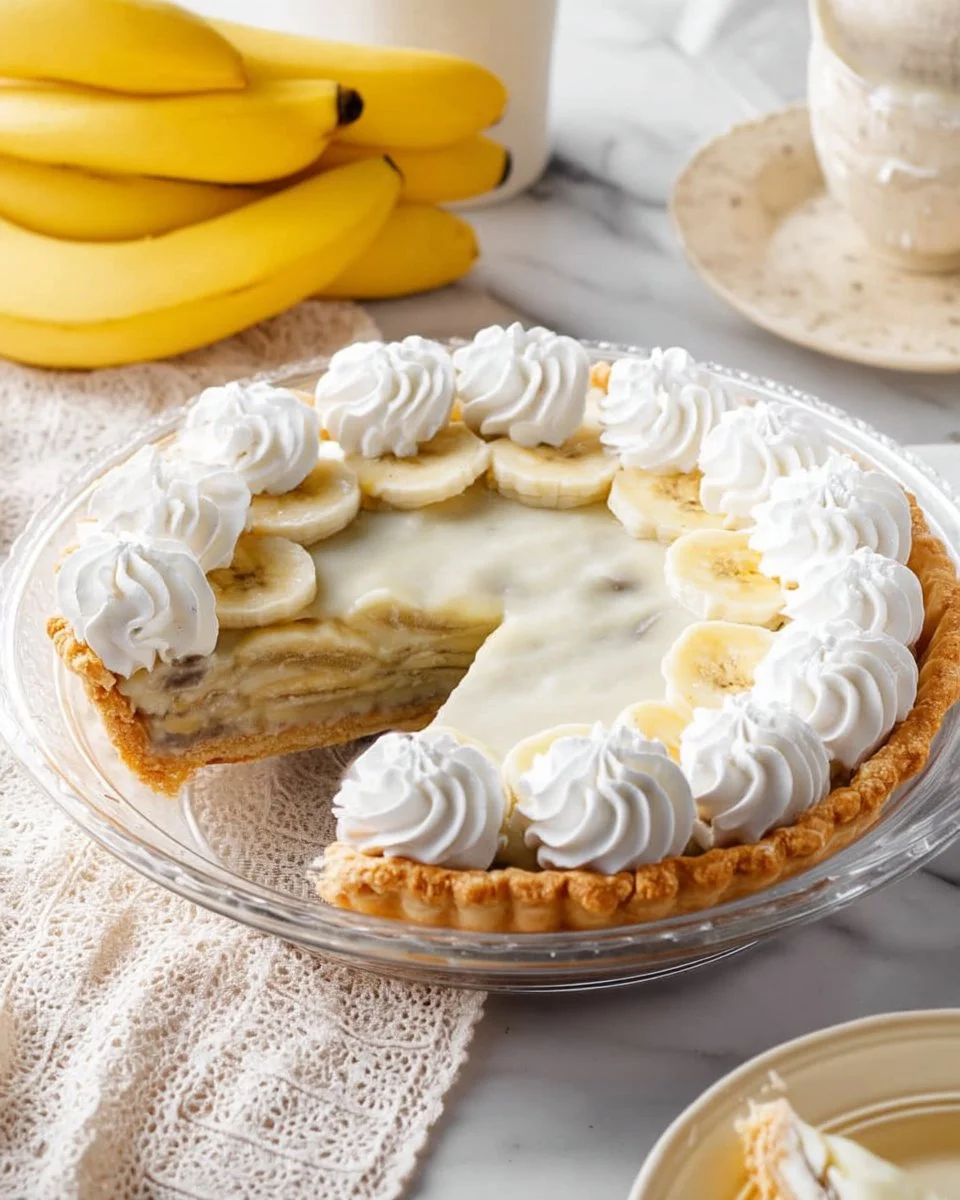 Delicious vegan banana cream pie topped with whipped coconut cream and banana slices.