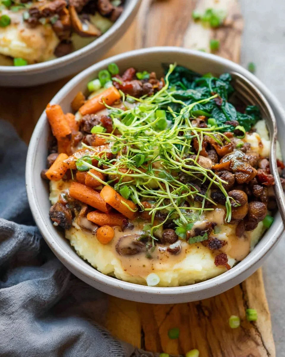 Vegan Loaded Mashed Potatoes Bowl with toppings and herbs