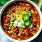 Bowl of delicious vegetarian chili topped with fresh herbs
