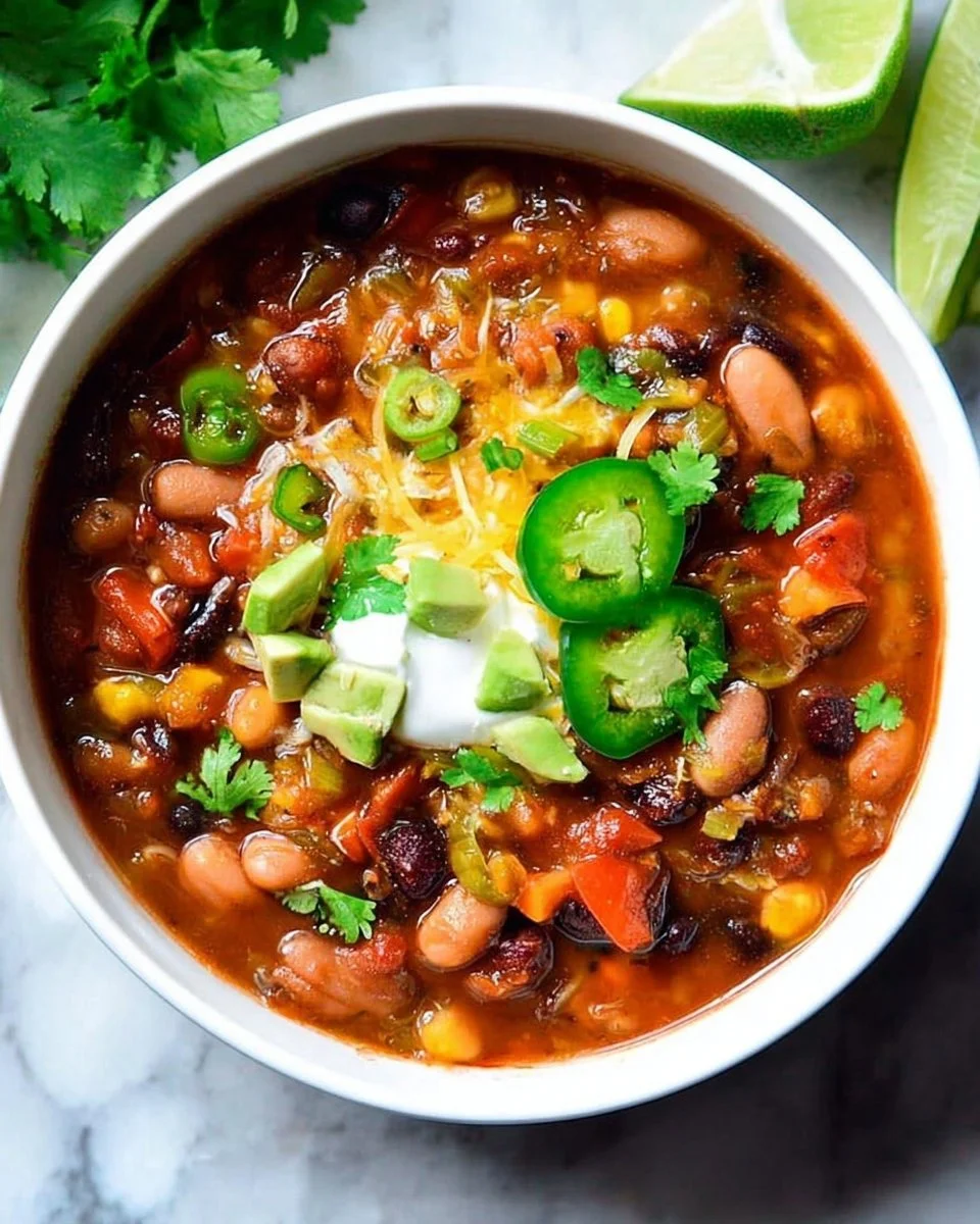 Bowl of delicious vegetarian chili topped with fresh herbs
