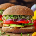 Delicious veggie sandwich with colorful fresh vegetables