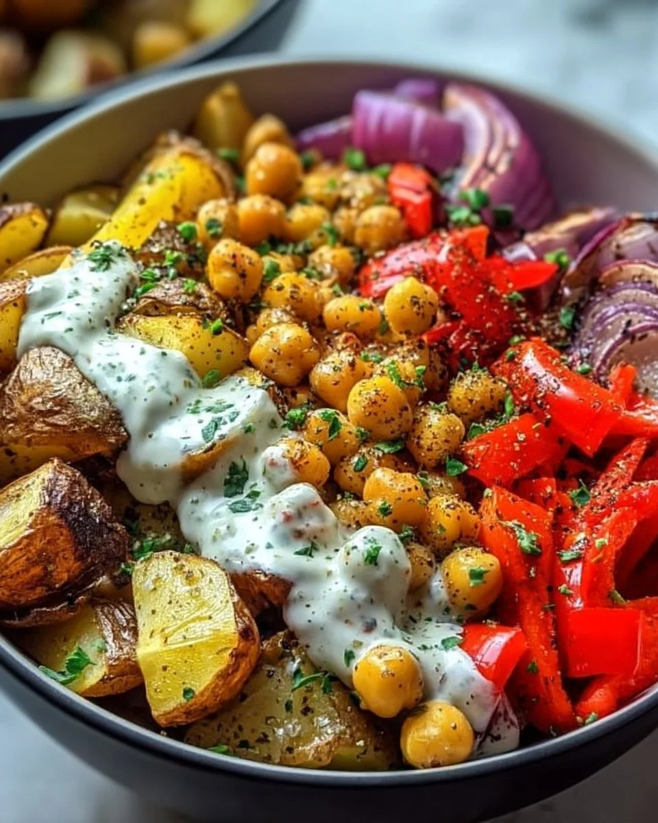 Colorful vegan bowl of Mediterranean roasted vegetables with fresh herbs.