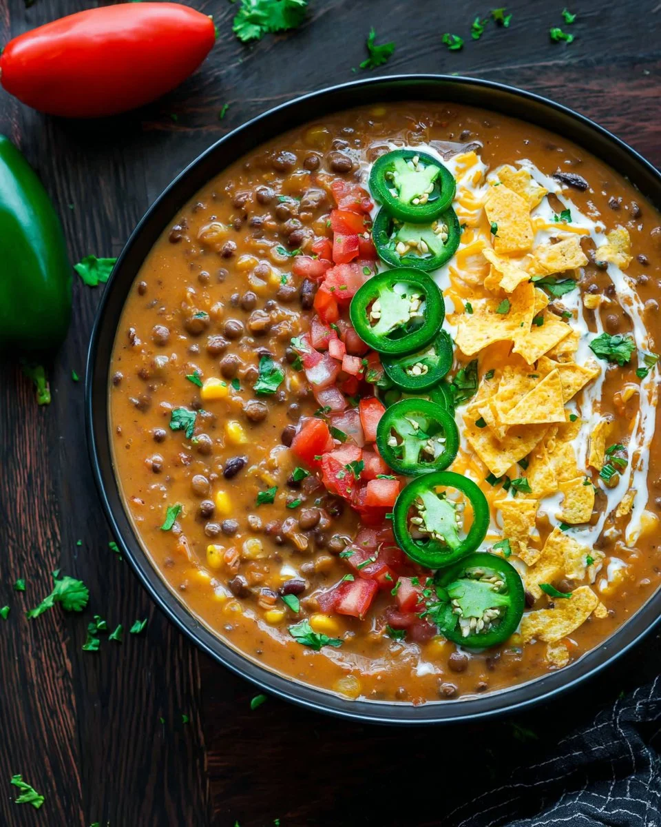 Delicious vegetarian lentil tortilla soup served in a cozy bowl