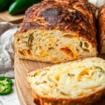 Freshly baked sourdough cheddar jalapeno bread cooling on a rack