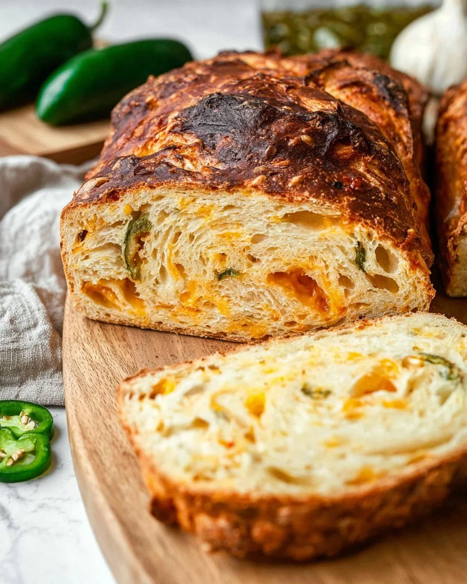 Freshly baked sourdough cheddar jalapeno bread cooling on a rack