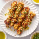 Air fryer chicken skewers cooked to perfection, served hot and ready to enjoy.