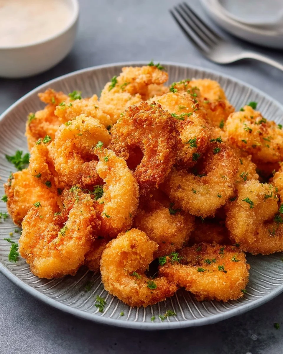 Crispy air fryer popcorn shrimp served with dipping sauce
