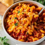 A delicious bowl of homemade American Goulash topped with cheese and herbs.