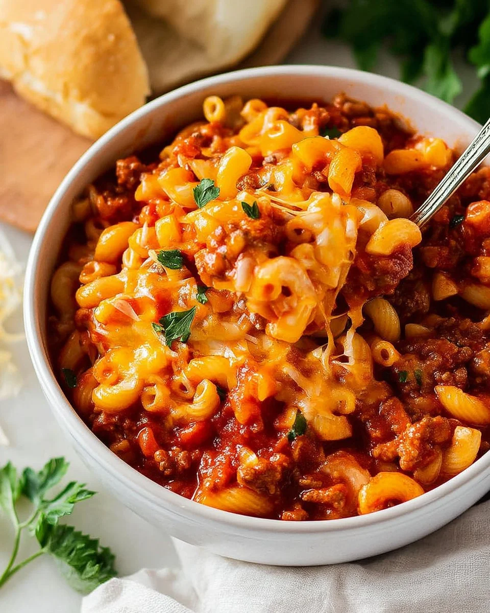 A delicious bowl of homemade American Goulash topped with cheese and herbs.