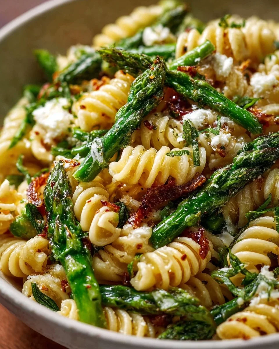 Delicious asparagus pasta salad with fresh vegetables and dressing