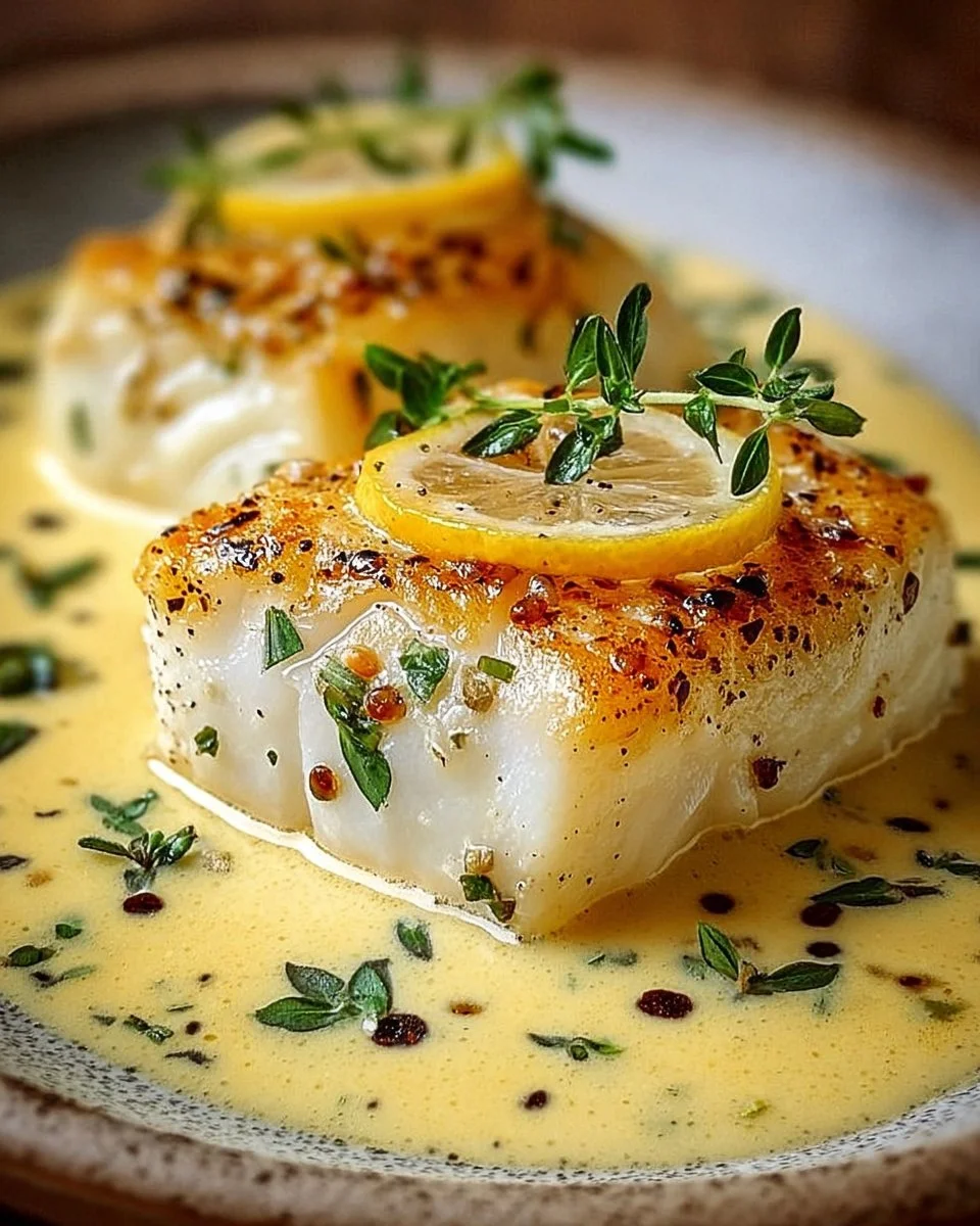Baked cod in coconut lemon cream sauce garnished with fresh herbs