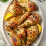 Baked lemon pepper chicken on a plate garnished with herbs