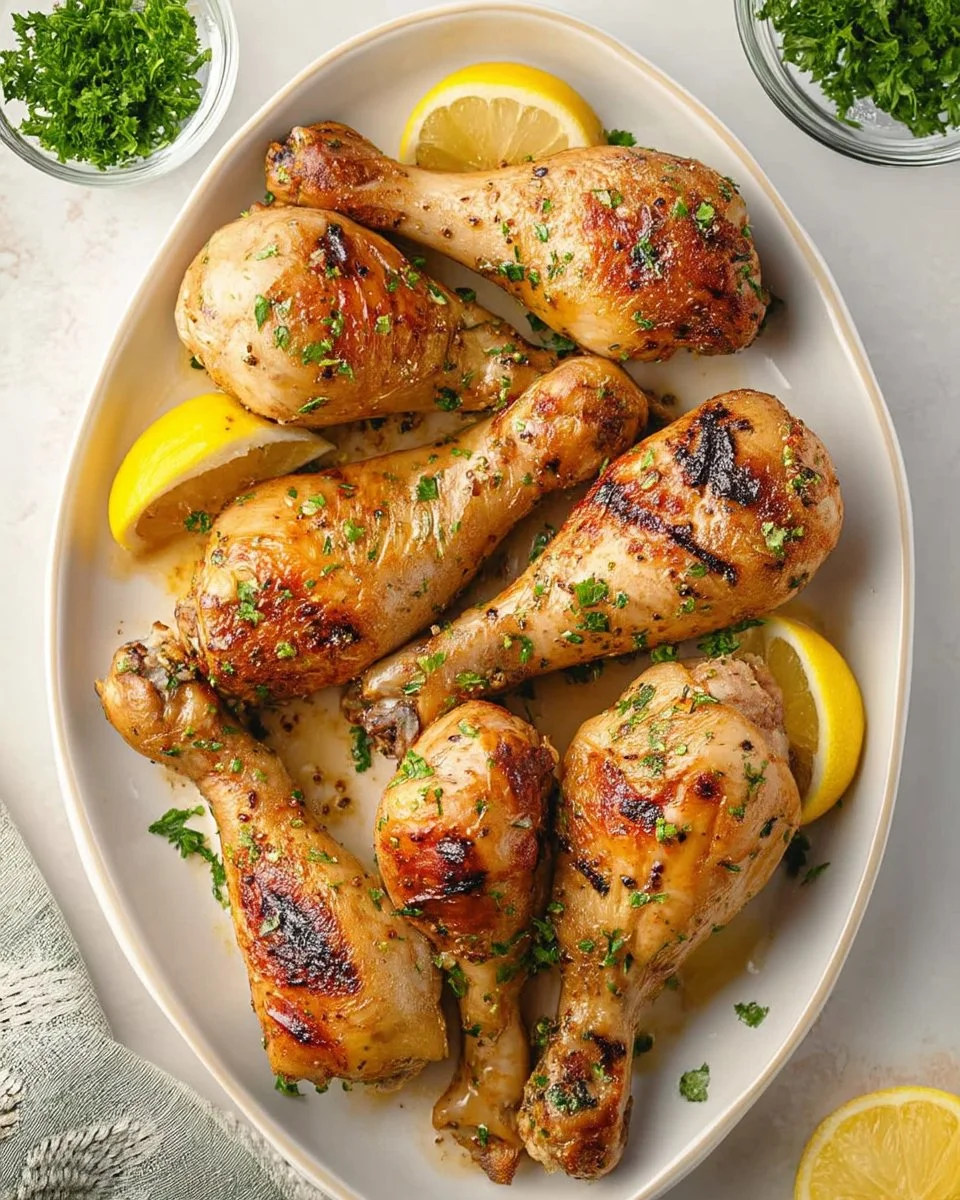Baked lemon pepper chicken on a plate garnished with herbs