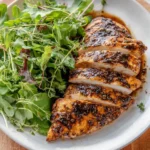 Juicy Balsamic Chicken Breast garnished with herbs and served on a plate.