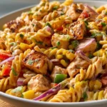 Delicious barbecue chicken pasta salad served in a bowl
