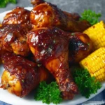 Delicious grilled BBQ chicken served with side dishes on a plate