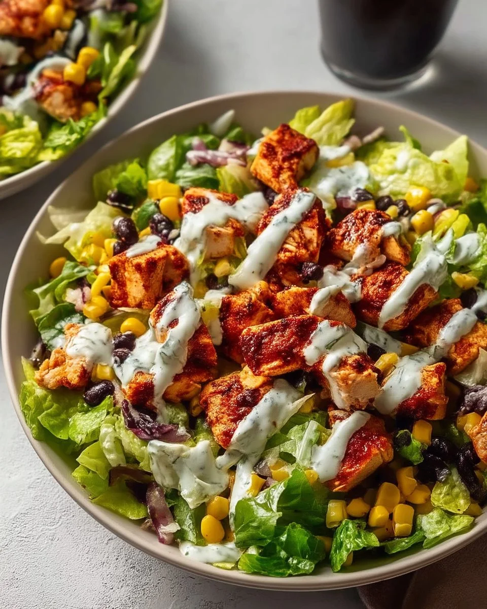 Delicious BBQ Chicken Salad garnished with fresh veggies and barbecue sauce