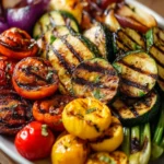 Assorted BBQ grilled vegetables including peppers, zucchini, and corn on the grill.