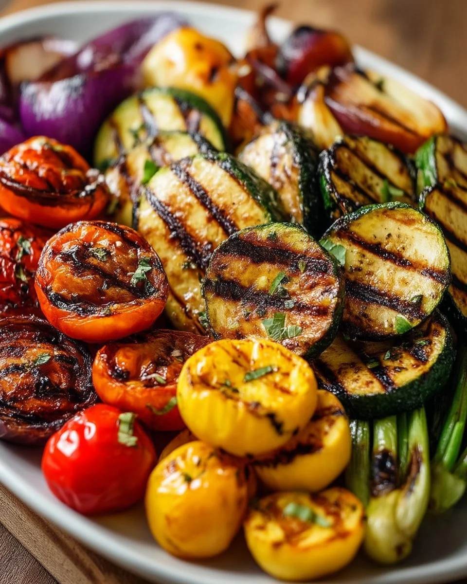 Assorted BBQ grilled vegetables including peppers, zucchini, and corn on the grill.