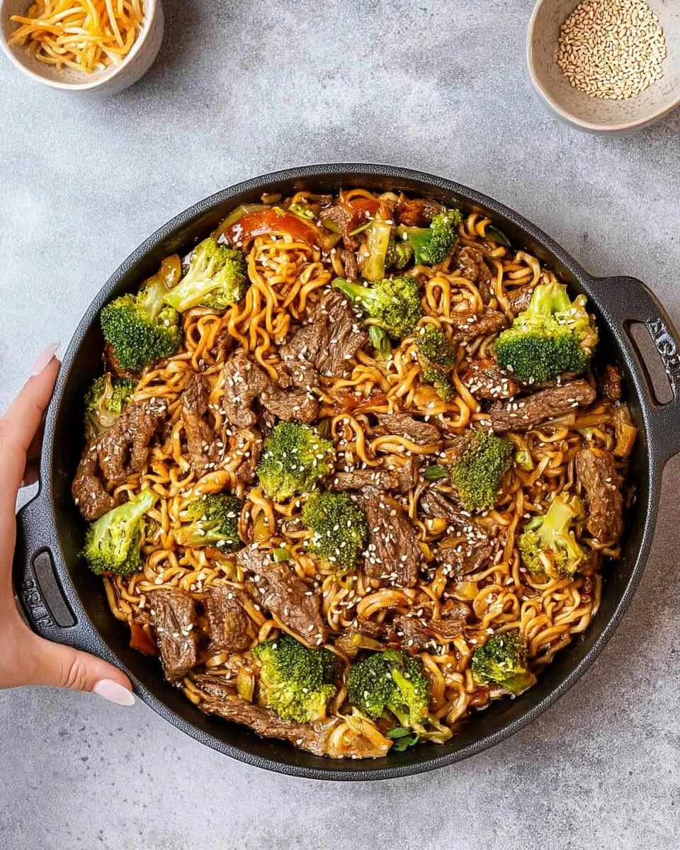 A bowl of Beef Lo Mein topped with sliced beef and colorful vegetables.