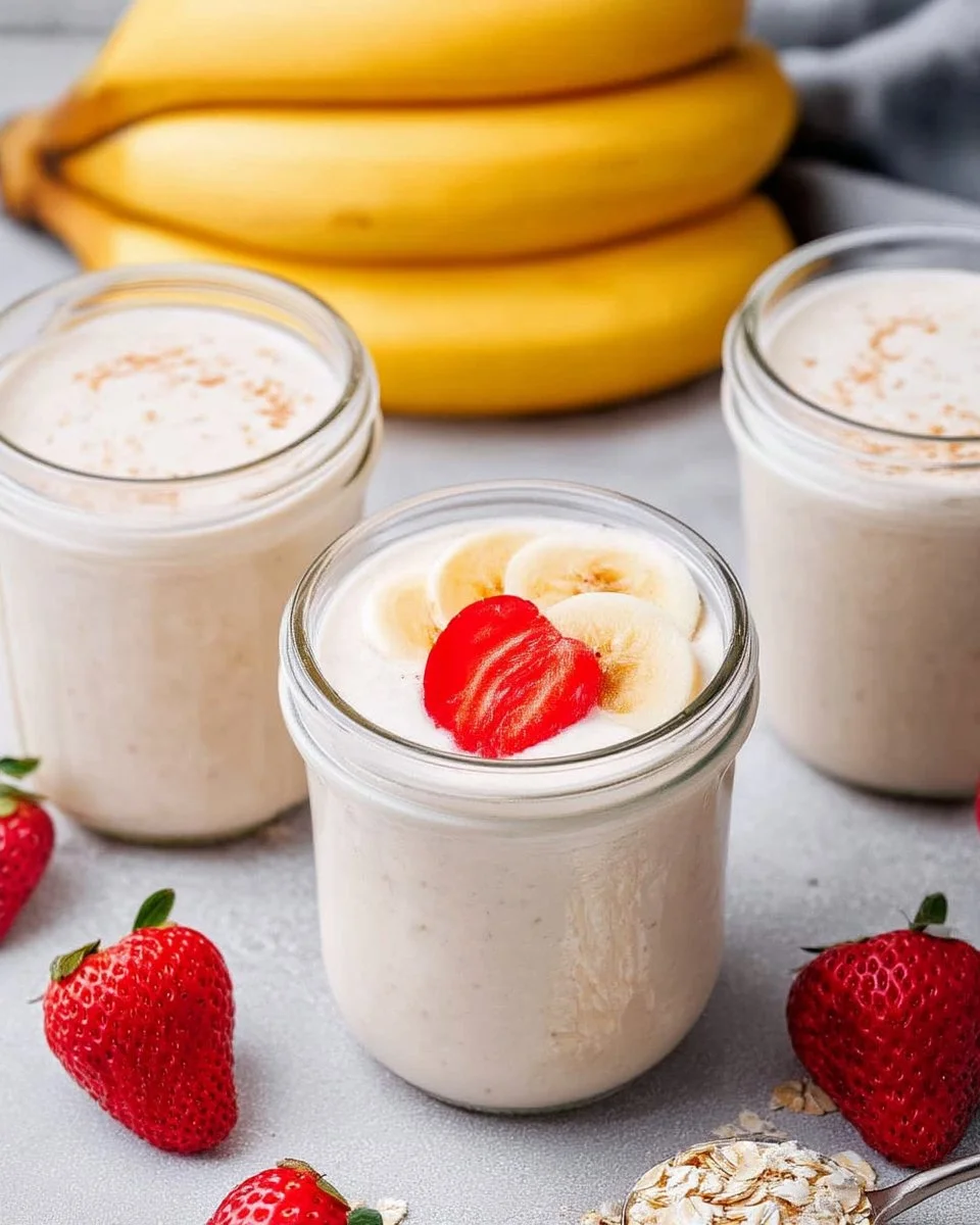 Blended overnight oats topped with fruits and nuts in a glass jar