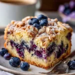 Freshly baked blueberry coffee cake with juicy blueberries and a crumbly topping.