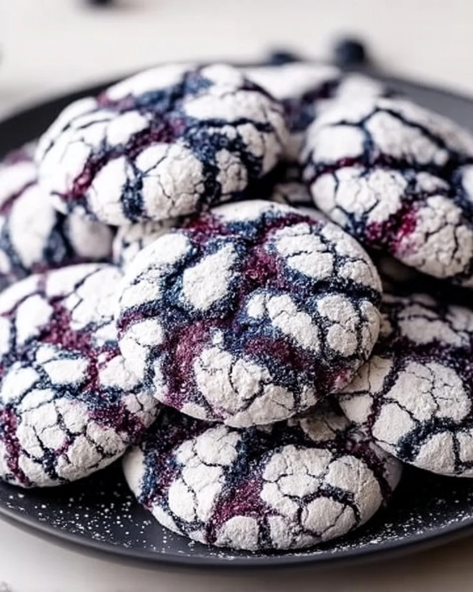 Freshly baked blueberry crinkle cookies on a rustic wooden table