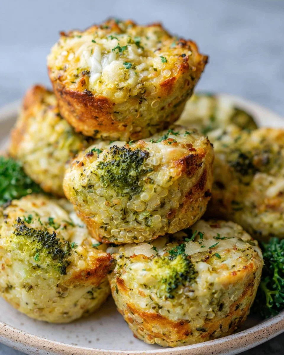 Broccoli cheddar quinoa bites served on a plate, healthy snack option