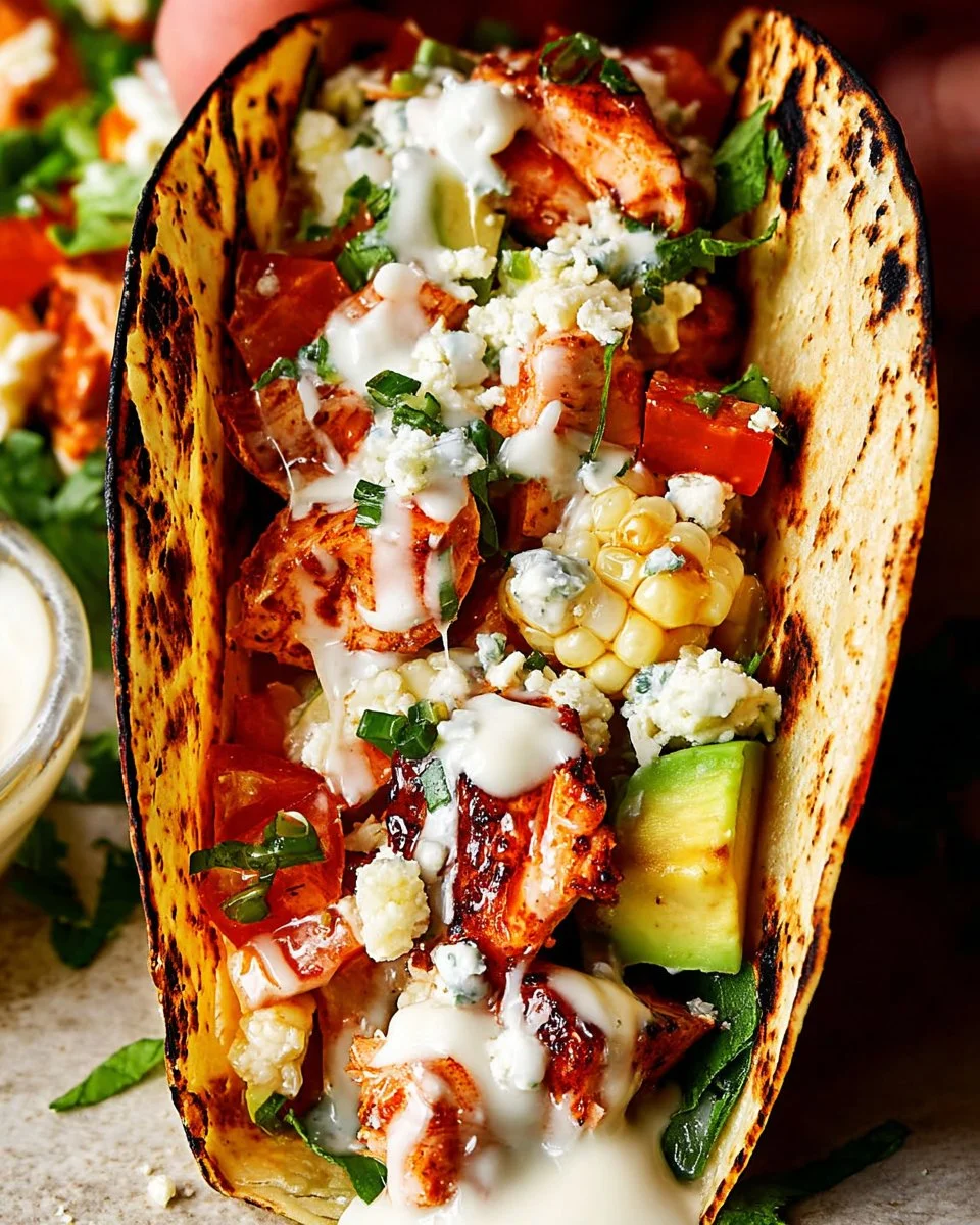 Delicious Buffalo Chicken Tacos topped with fresh ingredients