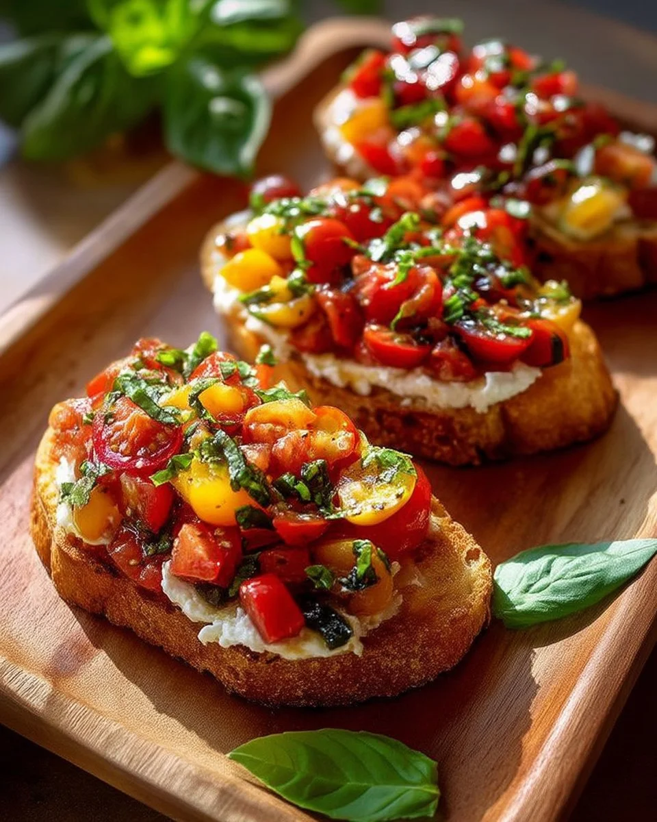 Burrata Bruschetta garnished with fresh basil and tomatoes on toasted bread.